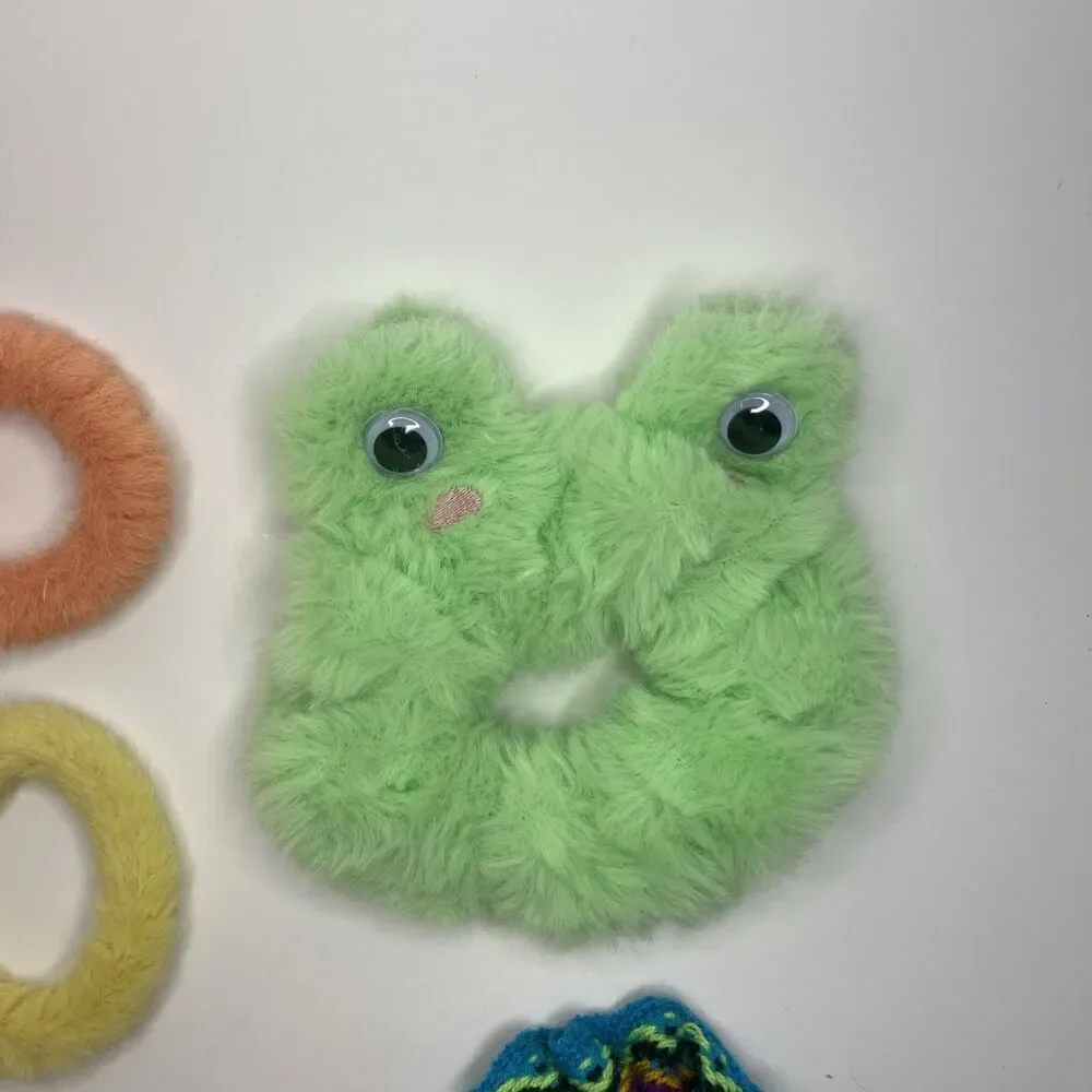Fabric Scrunchie Set of 5 Girls - FUZZY 3 SOLID COLOR / GREEN FROG / MULTI-COLOR